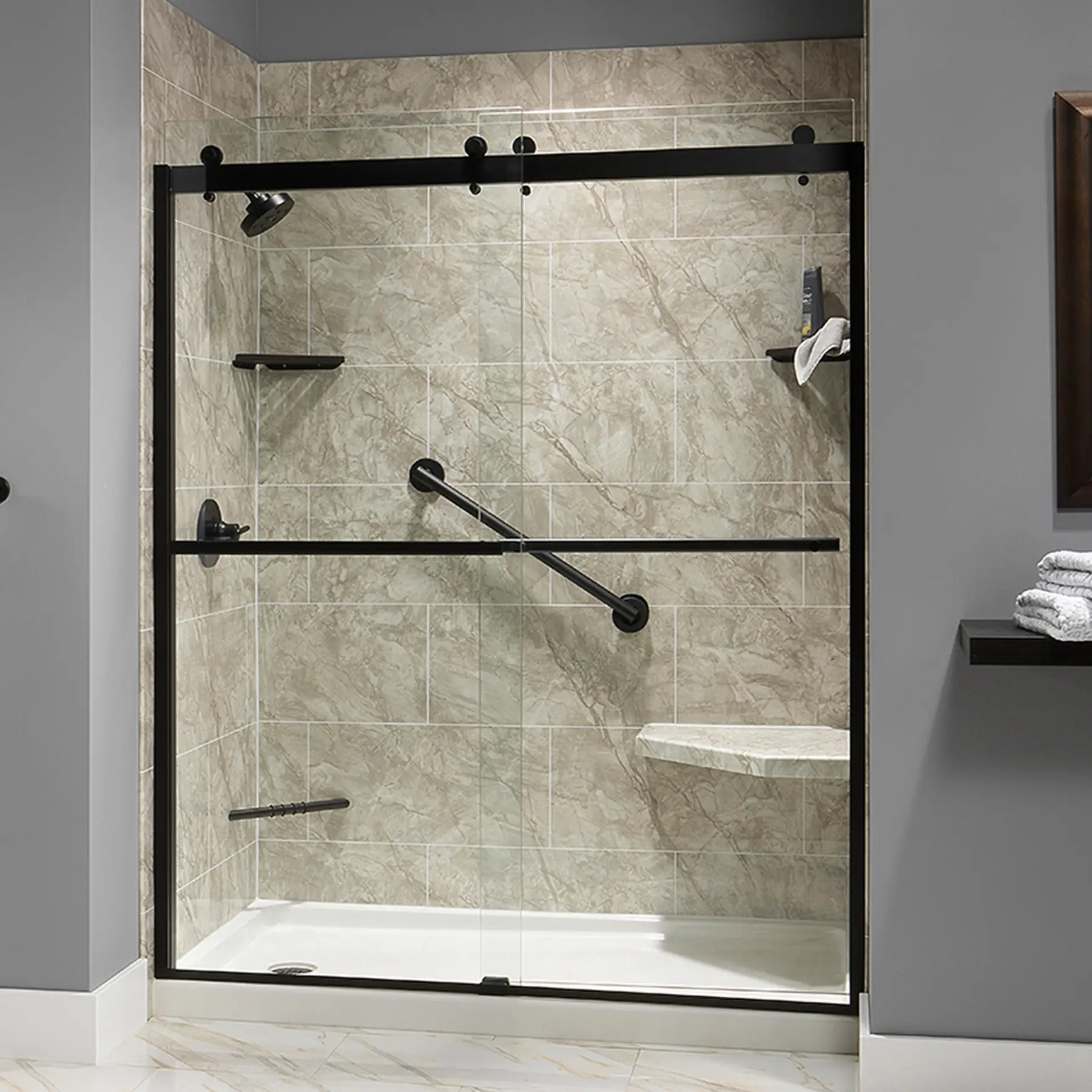 Shower with glass door.
