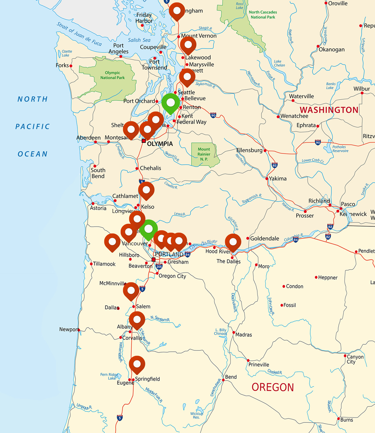 Map of US States Washington and Oregon with pins for service locations.