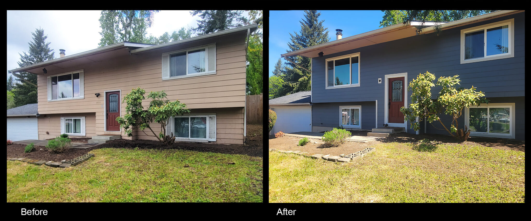 Before and after house with old siding and new siding.