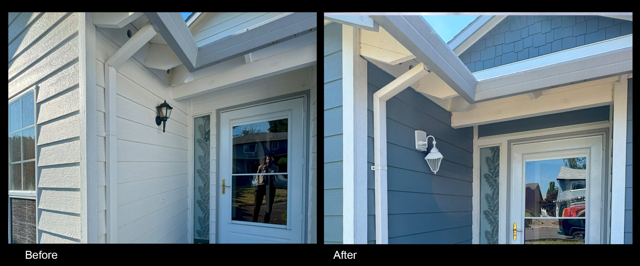 Before and after house with old siding and new siding.