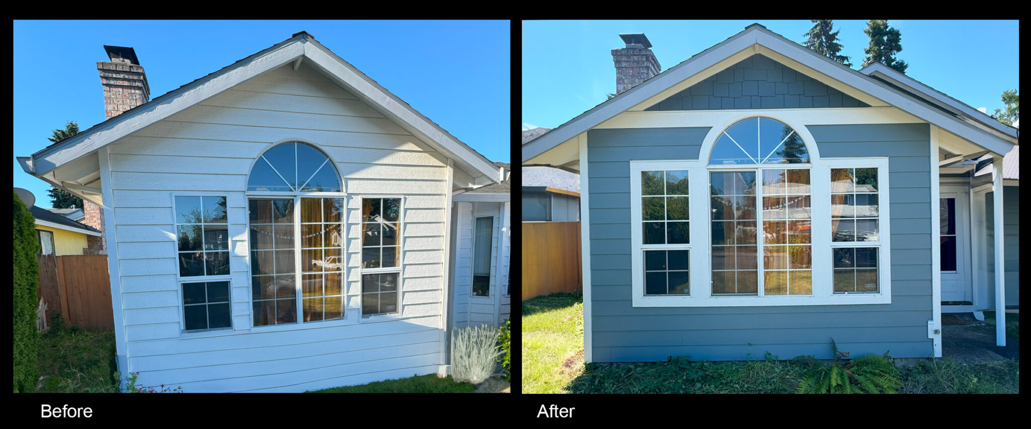 Before and after house with old siding and new siding.