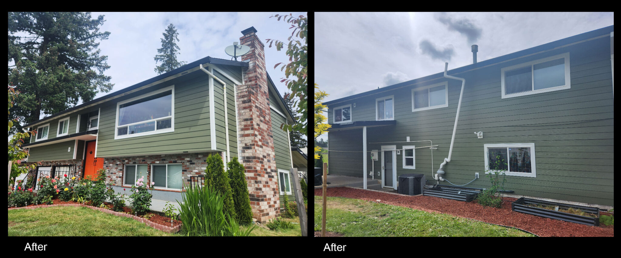 Before and after house with old siding and new siding.