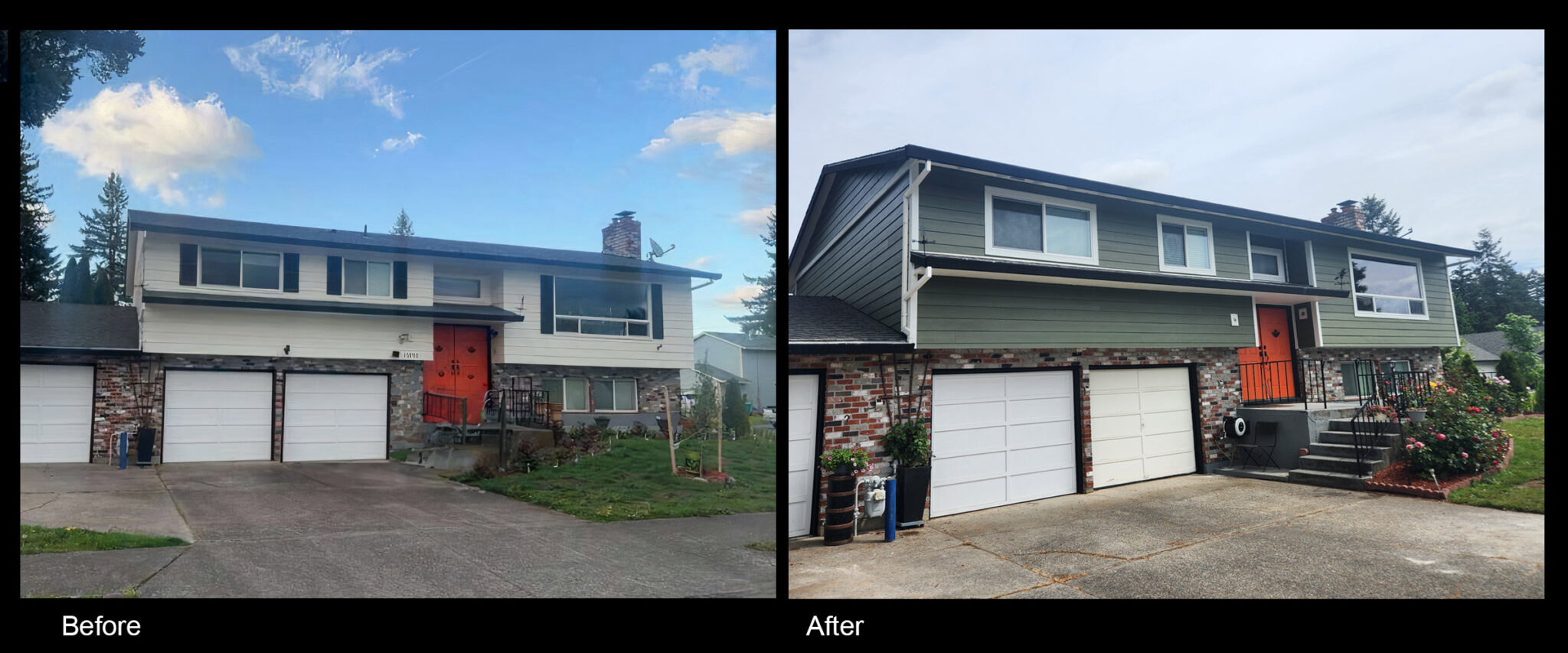 Before and after house with old siding and new siding.