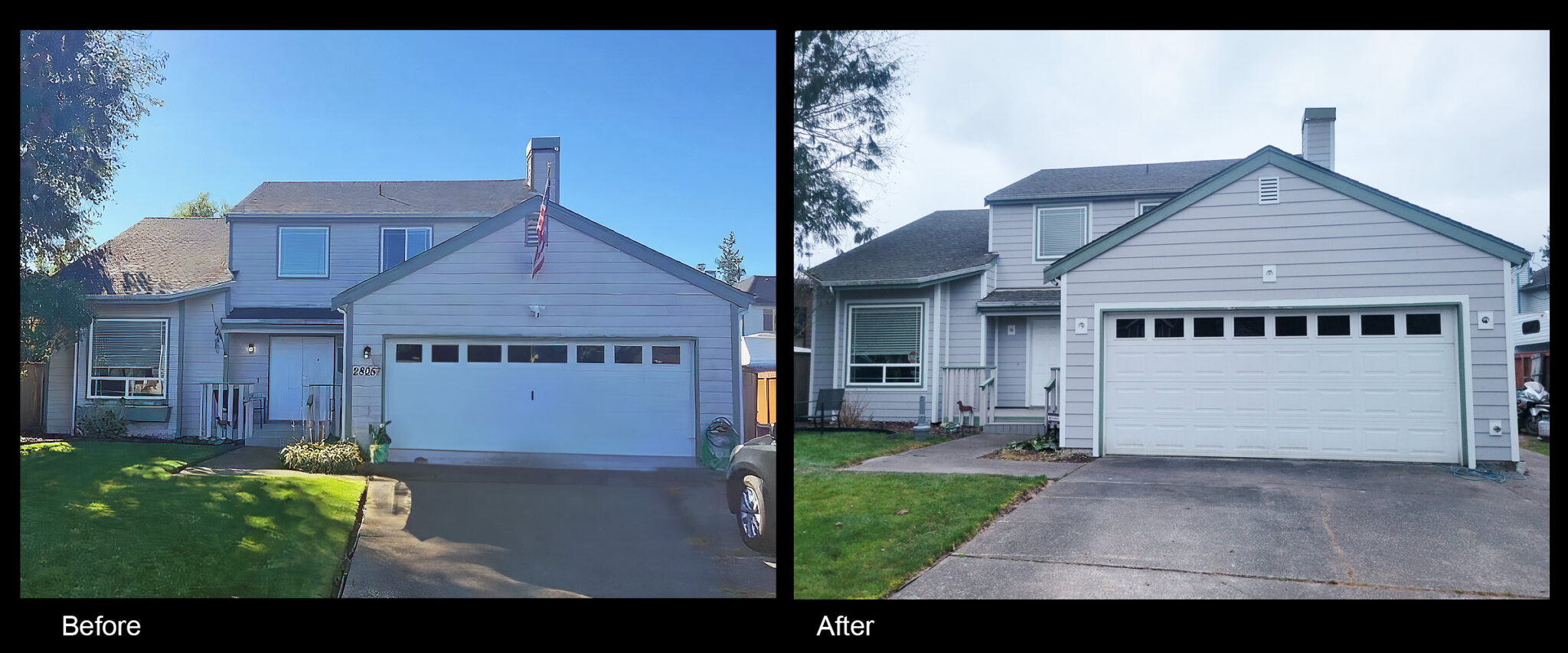 Before and after house with old siding and new siding.