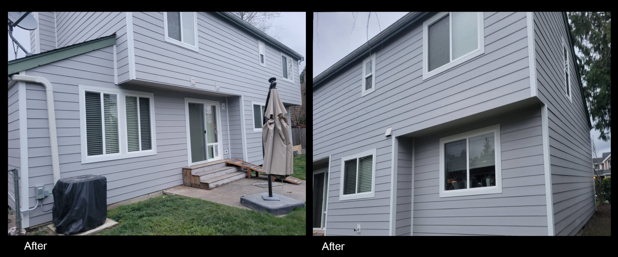 Before and after house with old siding and new siding.