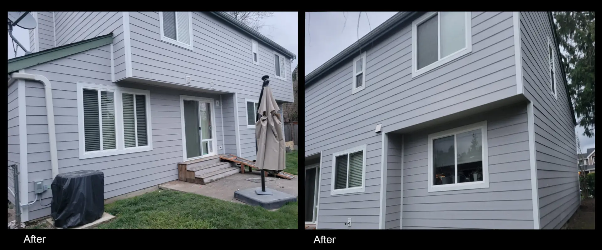 Before and after house with old siding and new siding.